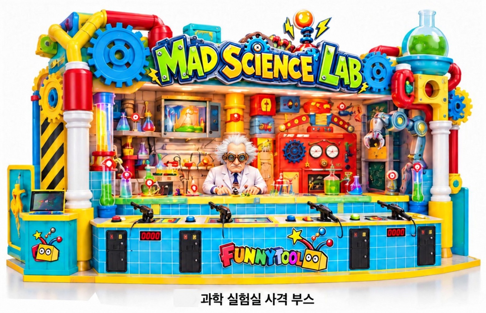 퍼니툴 과학 실험실 4인용 테마 사격게임 부스 — 백발 과학자와 로봇 팔·실험 장치가 반응하는 연구실