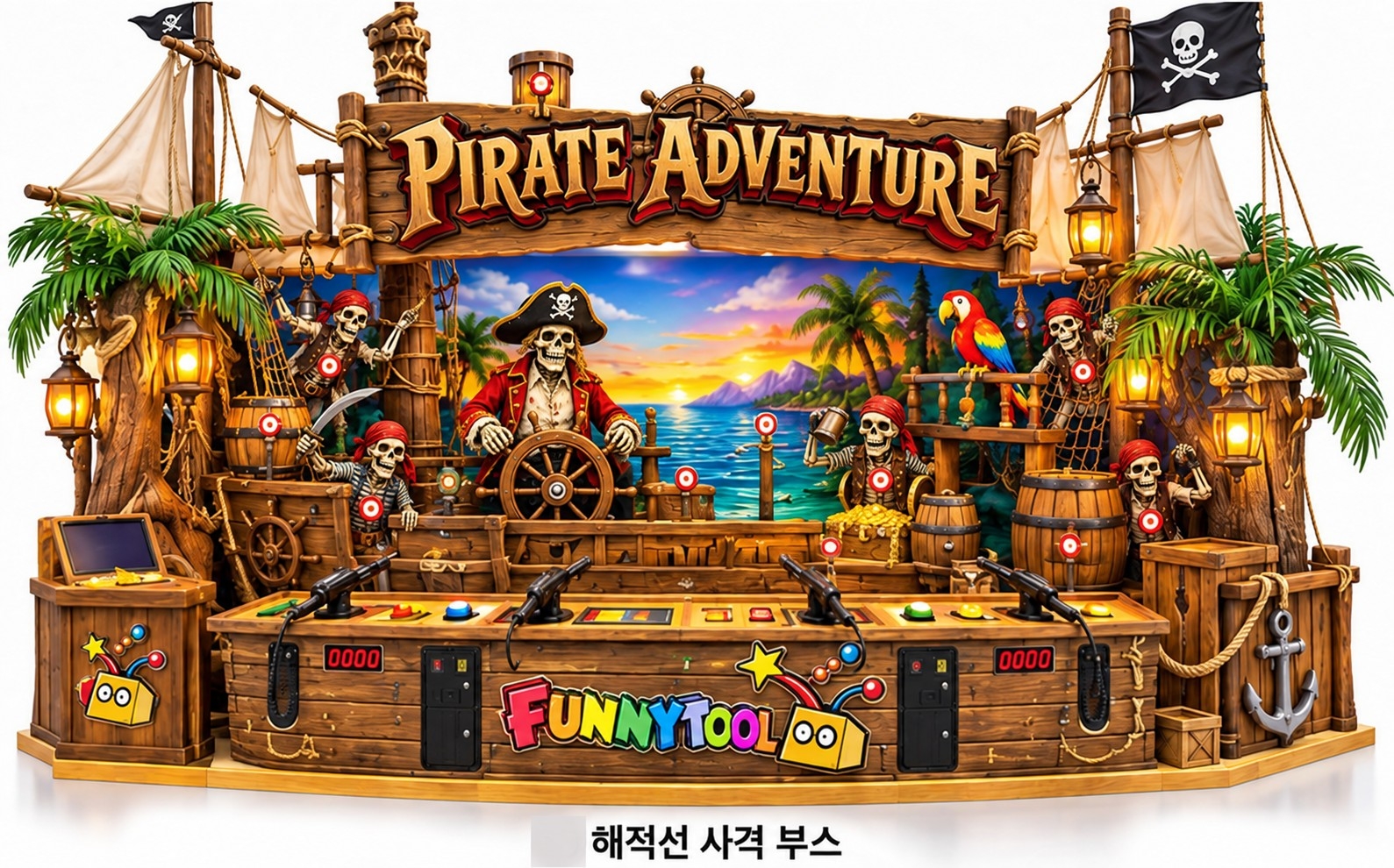 퍼니툴 해적선 4인용 테마 사격게임 부스 — 해골 선장과 빨간 두건 선원들이 반응하는 해적선